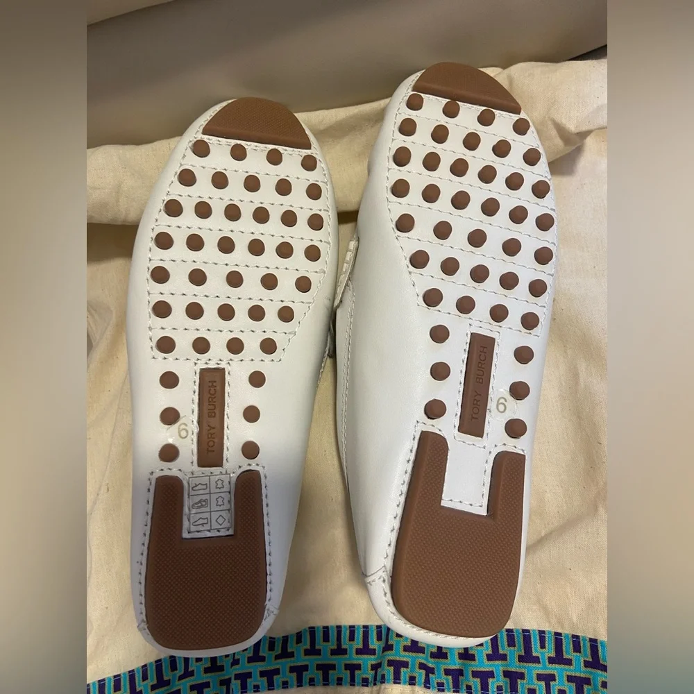 Tory Burch White Leather Loafers with Navy Fringe & Green Stripe
